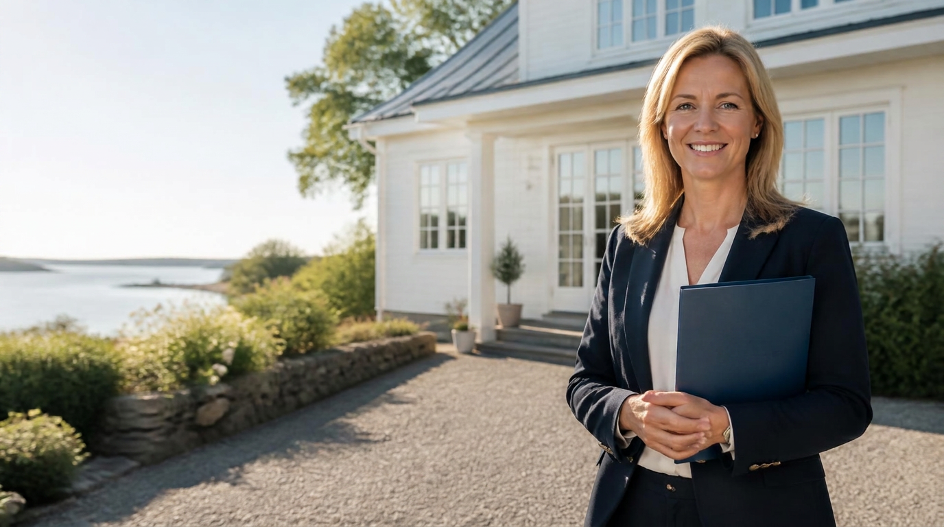 Leende svensk fastighetsmäklare framför en vit villa