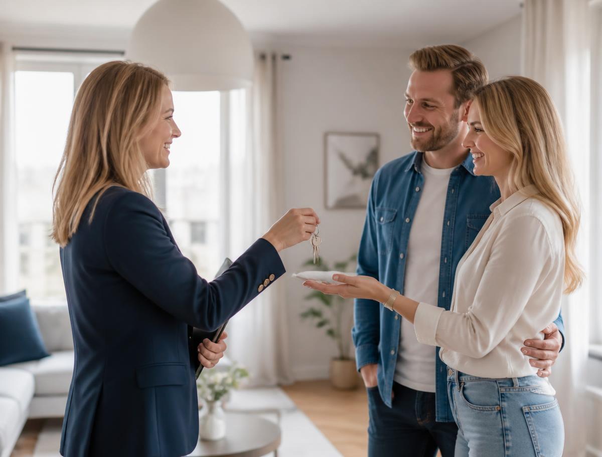Mäklare lämnar över nycklar till ett par