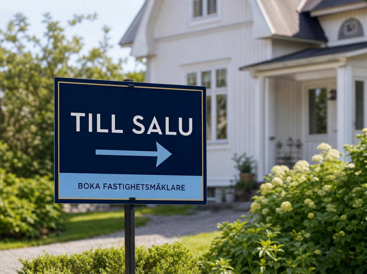 Mäklarskylt med texten Till salu framför en villa